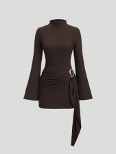 SC Solid Color High Collar Flare Sleeve Mini Dress GXIY-K25L1627
