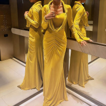 SC Solid Color Ruched Long Sleeve Maxi Dress GSLF-K25D87000