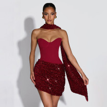 SC Sexy Off Shoulder Sequin Irregular Mini Dress GSZM-J25DS459
