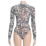 SC Dollar-Print Mesh See Through Bodysuit GAXB-D520BS