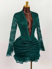 SC Solid Color Lace Deep V Neck Ruched Mini Dress GXIY-K25L1638