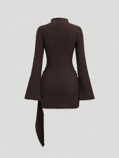 SC Solid Color High Collar Flare Sleeve Mini Dress GXIY-K25L1627