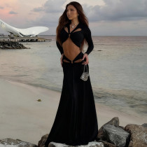 SC Long Sleeve Hollow Out Split Maxi Dress GSLF-K25S87290
