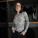 SC Dollar-Print Mesh See Through Bodysuit GAXB-D520BS