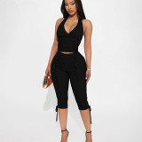 SC Deep V Neck Drawstring Pleated Tank Top Seven-Tenths Pants Suit GSLF-K25S86622