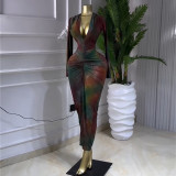 SC Print Deep V Neck Long Sleeve Long Dress GMSF-9464