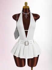 SC Sleeveless Deep V Neck Pleated Mini Dress GXIY-K25L1743