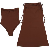 SC Solid Color Wrap Chest Bodysuit Drawstring Long Skirt Suit  GYME-K25S88877