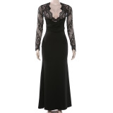 SC Lace Patchwork Deep V Neck Maxi Dress GYME-K25D90632