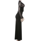 SC Lace Patchwork Deep V Neck Maxi Dress GYME-K25D90632
