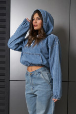 SC Loose Washed Hooded Denim Long Sleeve Tops GYAN-89362