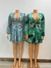 SC Deep V Neck Print Ruffles Romper GMYU-2916