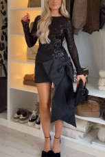 SC Long Sleeve Sequin Patchwork Bow-tie Mini Dress GSNU-8216