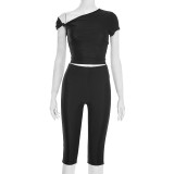 SC Slash Shoulder Sold Color Top Seven-Tenths Pants Suit MXBF-J25ST489