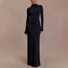 SC Long Sleeve Solid Color Backless Maxi Dress GAXB-W528DS