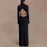 SC Long Sleeve Solid Color Backless Maxi Dress GAXB-W528DS