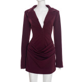 SC Deep V Neck Long Sleeve Ruched Mini Dress GAXB-W535DS