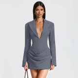 SC Deep V Neck Long Sleeve Ruched Mini Dress GAXB-W535DS