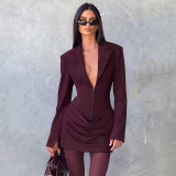 SC Deep V Neck Long Sleeve Ruched Mini Dress GAXB-W535DS