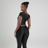 SC Slash Shoulder Sold Color Top Seven-Tenths Pants Suit MXBF-J25ST489