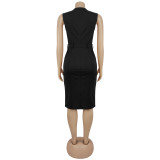 SC Single Breasted Solid Color Sleeveless Midi Dress BY-7623