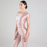 SC Slash Shoulder Sold Color Top Seven-Tenths Pants Suit MXBF-J25ST489