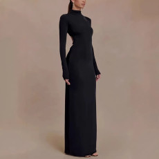SC Long Sleeve Solid Color Backless Maxi Dress GAXB-W528DS