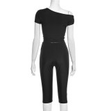 SC Slash Shoulder Sold Color Top Seven-Tenths Pants Suit MXBF-J25ST489