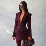 SC Deep V Neck Long Sleeve Ruched Mini Dress GAXB-W535DS