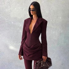 SC Deep V Neck Long Sleeve Ruched Mini Dress GAXB-W535DS