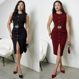 SC Single Breasted Solid Color Sleeveless Midi Dress BY-7623