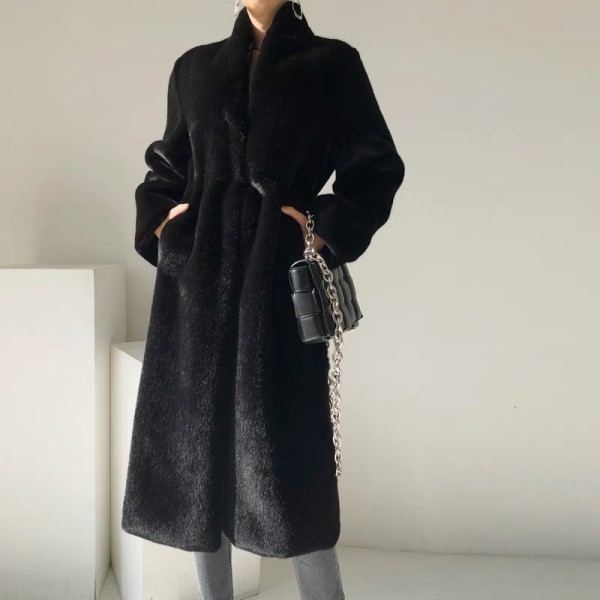 SC Faux Mink Fur Stand Collar Coat HHMY-2024
