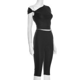 SC Slash Shoulder Sold Color Top Seven-Tenths Pants Suit MXBF-J25ST489