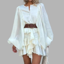 SC Plus Size Solid Color Ruffles Lantern Sleeve Mini Dress GHHE-29523