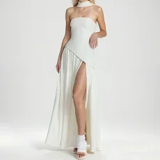 SC Plus Size Solid Color Split Tube Top Maxi Dress GHHE-29653