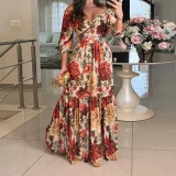 SC Plus Size Print 3/4 Sleeve Tie Up Maxi Dress GHHE-28782
