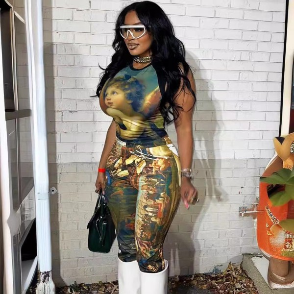 SC Vintage Oil Pained Two Piece Pants Set GFCF-1249