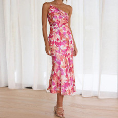 SC Plus Size Slash Neck Print Sling Fishtail Dress GHHE-23172