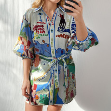 SC Plus Size Print Lapel Shirt Dress GHHE-29124