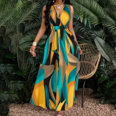 SC Plus Size Print Sleeveless V Neck Maxi Dress GHHE-29412