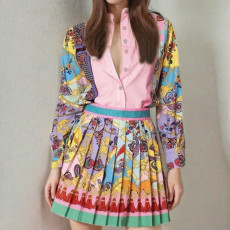 SC Plus Size Print Long Sleeve Shirt Two Piece Skirts Set GHHE-29195