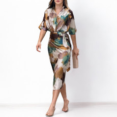 SC Plus Size Print Tie Up V Neck Long Dress GHHE-28747