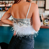 SC Deep V Neck Feather Edge Sequin Sling Vest GOLB-SU4255