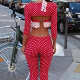 SC Polka Dot Print Halterneck Tie Seven-Tenth Pant Three-Piece Set GOLB-SU4228