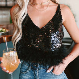 SC Deep V Neck Feather Edge Sequin Sling Vest GOLB-SU4255