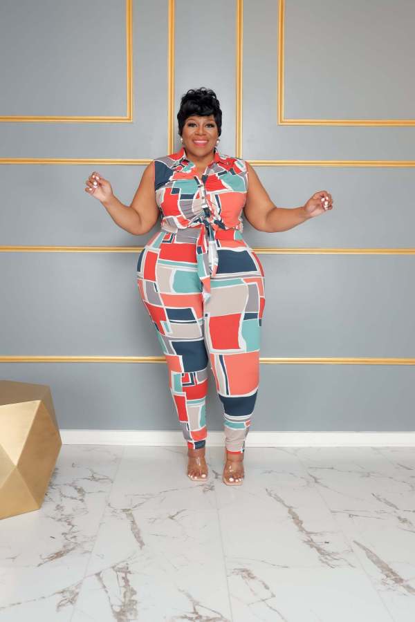 SC Plus Size Sleeveless Print Two Piece Pants Set QYXZ-9121