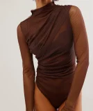 SC Solid Color Mesh Ruched Long Sleeve Bodysuit GOLB-SU4216