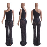 SC Slash Neck Mesh Patchwork Print Jumpsuit QYXZ-9921
