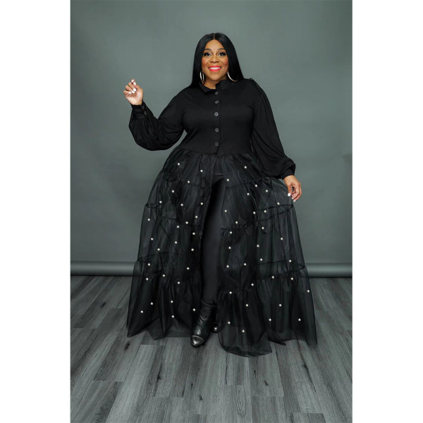 SC Plus Size Pearl Mesh Panel Maxi Dress QYXZ-99961