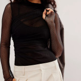 SC Solid Color Mesh Ruched Long Sleeve Bodysuit GOLB-SU4216